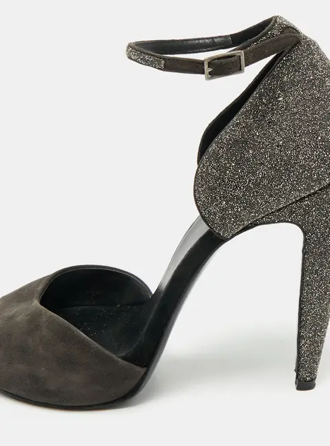PIERRE HARDY Black Glitter and Suede Peep Toe Ankle Strap Sandals Size 39.5