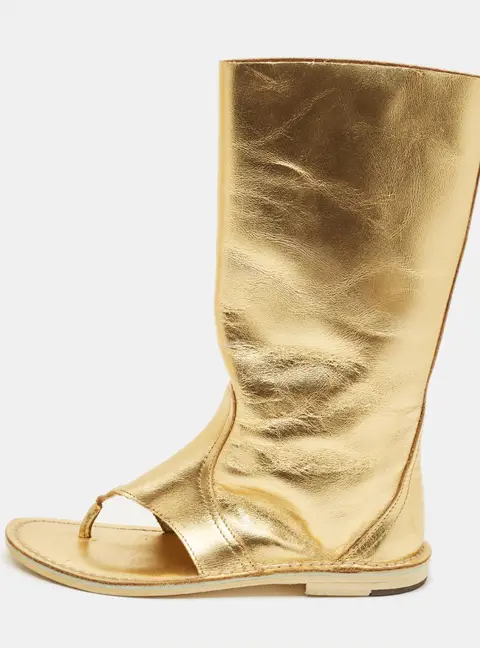 PIERRE HARDY Size 36 Gold Leather Cut Out Thong Ankle Length Boots