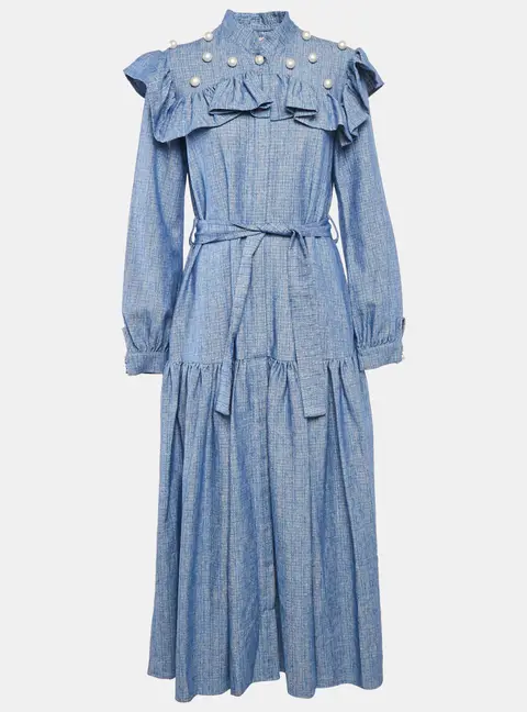 Poca & Poca Blue Canvas Ruffled Bead Detail Maxi Dress M