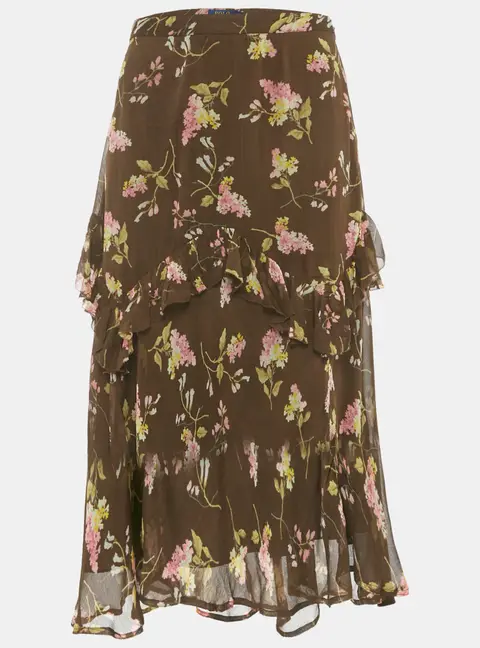 Polo Ralph Lauren Brown Floral Print Chiffon Ruffled Midi Skirt M
