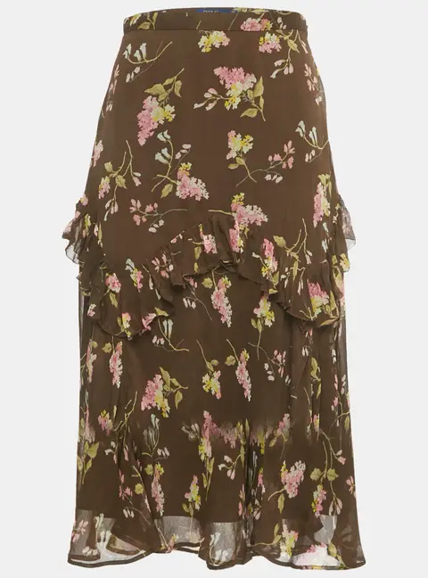 Polo Ralph Lauren Brown Floral Print Chiffon Ruffled Midi Skirt S