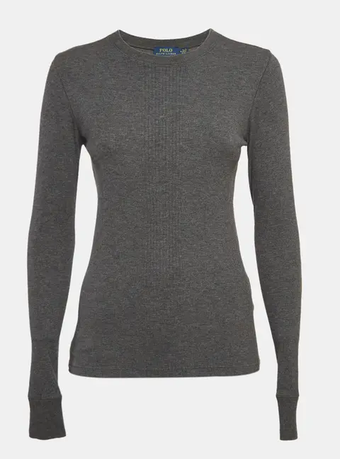 Polo Ralph Lauren Grey Suede Trim Rib Knit Sweatshirt M