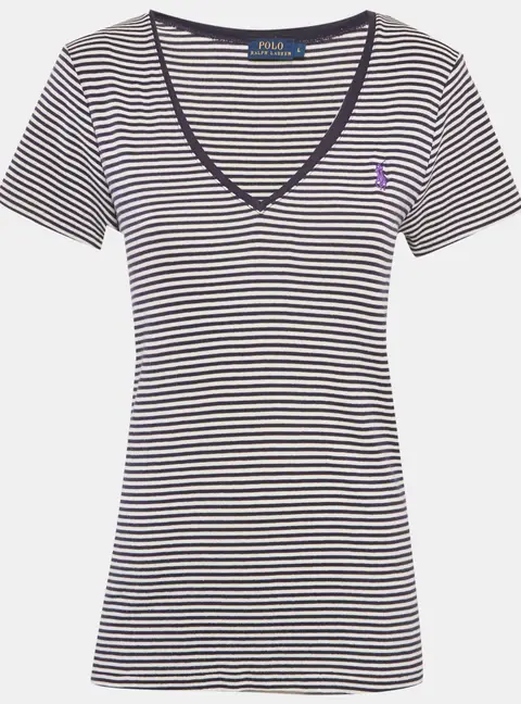Polo Ralph Lauren Navy Blue & White Striped Cotton Knit V-Neck T-Shirt L