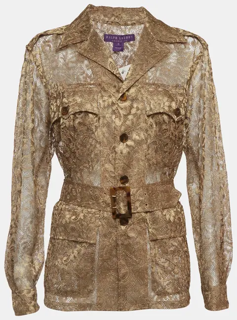 Ralph Lauren Gold Lace Long Sleeve Belted Jacket L