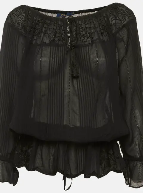 Polo Ralph Lauren Black Cotton Embellished Long Sleeve Blouse S