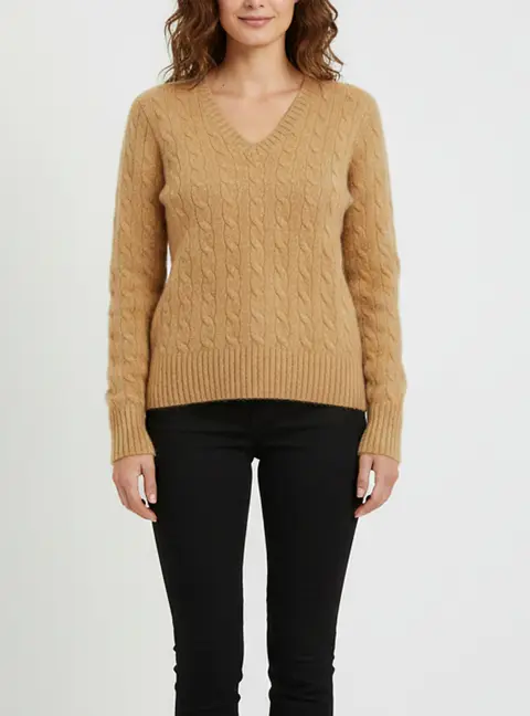 Polo Ralph Lauren Beige Cable Knit Cashmere V-Neck Sweater S