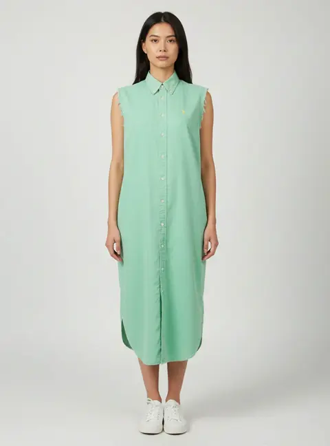 Polo Ralph Lauren Green Cotton Button Front Midi Dress S