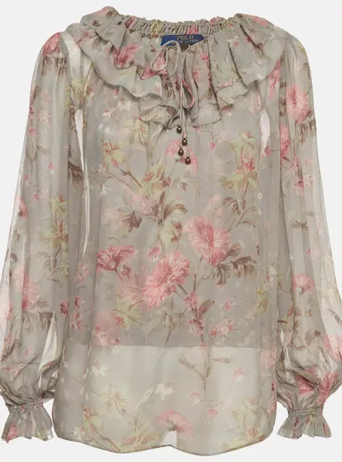 Polo Ralph Lauren Green Floral Ruffle Long Sleeve Blouse S