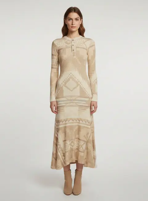 Polo Ralph Lauren Beige Southwestern Knit Henley Maxi Dress XS