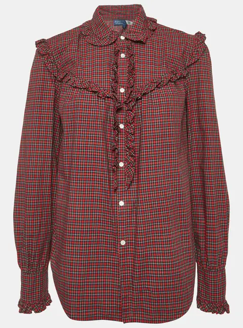 Polo Ralph Lauren Red Plaid Cotton Ruffle Trim Shirt M