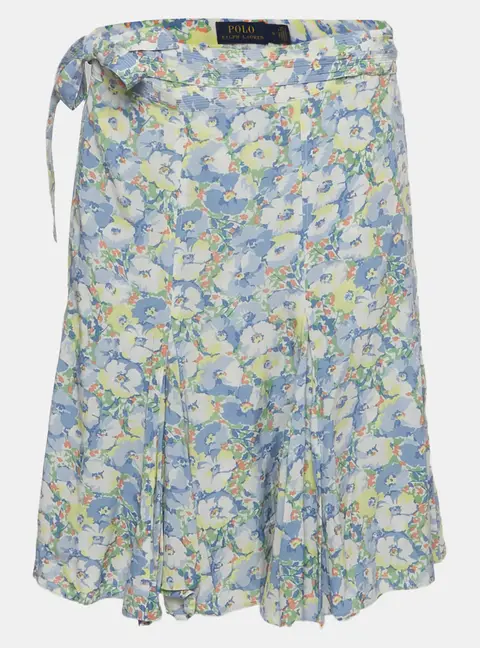 Polo Ralph Lauren Blue Floral Print Crepe Mini Wrap Skirt XL