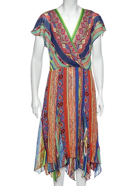 Polo Ralph Lauren Multicolored Printed Silk Asymmetric Hem Detail Dress M