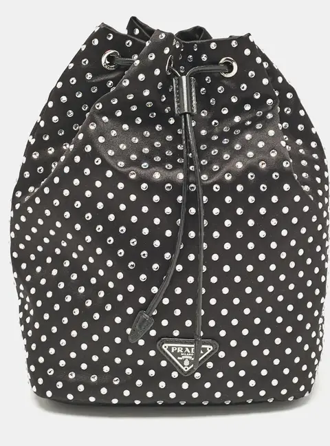 Prada Black Nylon Crystals Embellished Drawstring Pouch