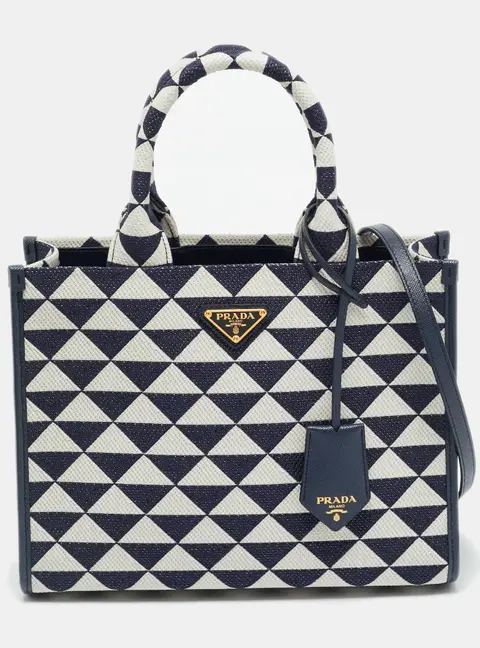 Prada Symbole Small Navy Blue/Chalk White Triangle Jacquard Canvas Tote