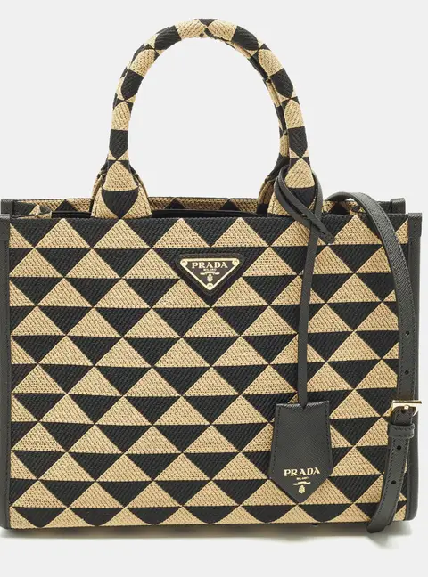 Prada Symbole Small Beige/Black Embroidered Canvas Tote