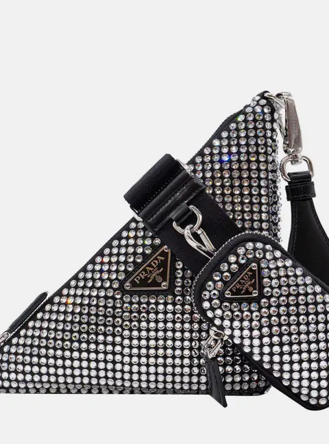 Prada Triangle Small Black Satin Crystal Shoulder Bag