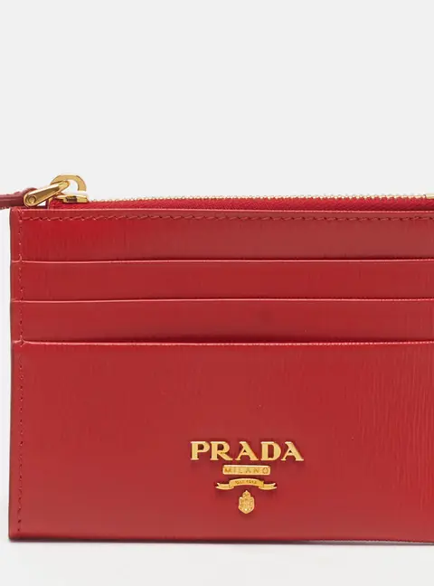 Prada Logo Red Vitello Move Leather Card Holder