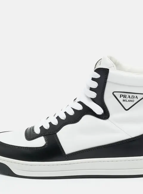 Prada White/Black Leather and Nylon New Avenue High Top Sneakers Size 37.5