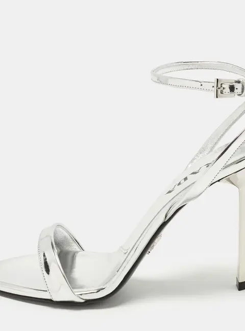 Prada Size 38 Silver Leather Triangle Logo Ankle Strap Sandals