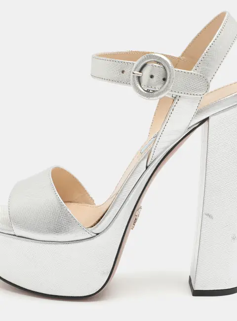 Prada Size 35.5 Silver Leather Platform Ankle Strap Sandals