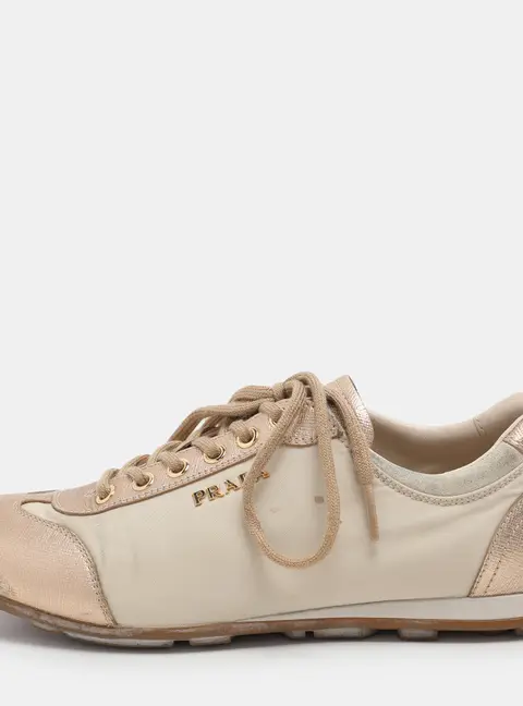 Prada Sport Beige/Gold Leather and Nylon Low Top Sneakers Size 36.5