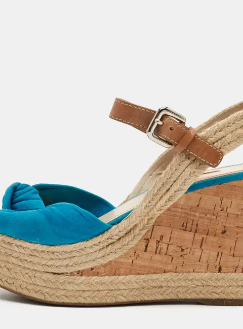Prada Sport Size 37 Blue/Brown Suede and Leather Cork Espadrille Platform Wedge Sandals