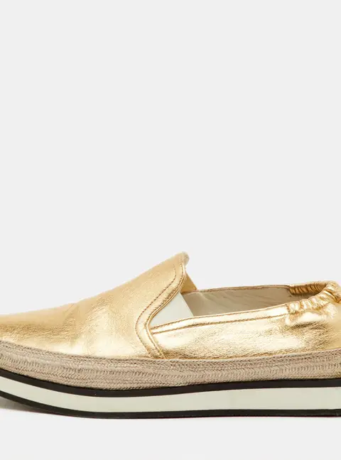 Prada Sport Size 36.5 Metallic Gold Leather Espadrille Slip On Sneakers