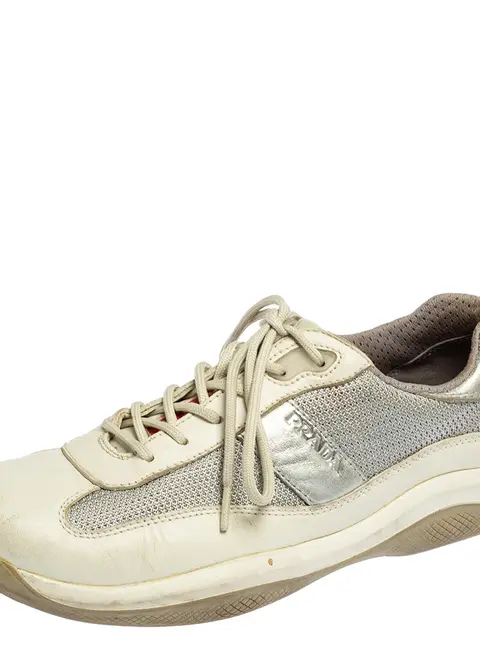 Prada Sport Grey/Silver Leather And Mesh Low Top Sneakers Size 38.5