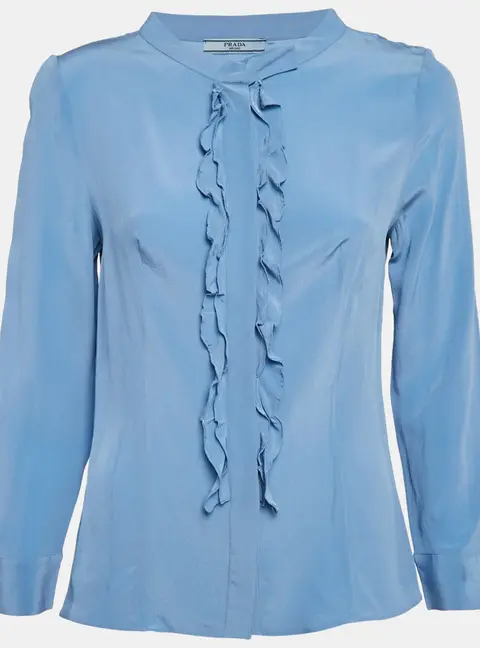 Prada Blue Silk Ruffled Button Front Blouse M