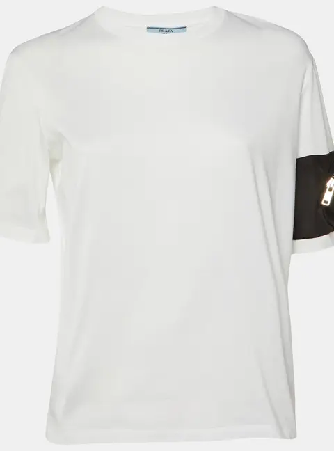 Prada White Cotton Zip Pocket Sleeve Detail Crew Neck T-Shirt S