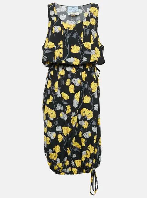 Prada Black Floral Print Silk Sleeveless Adjustable Waist Midi Dress M