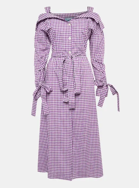 Prada Purple Gingham Cotton Bow Detail Belted Midi Dress M