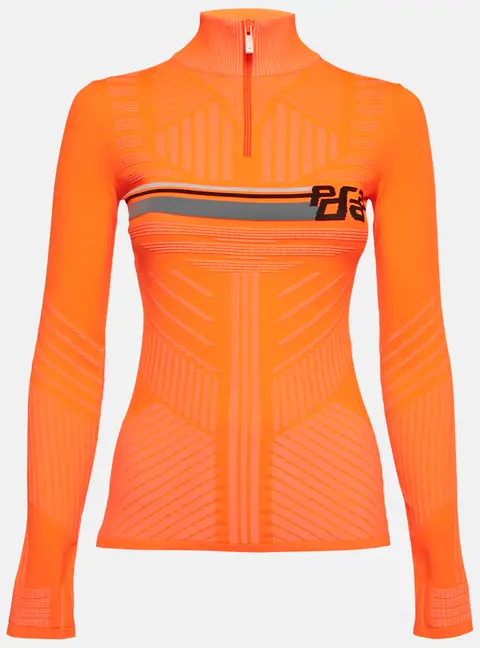 Prada Neon Orange Patterned Jersey High Neck Technical Top M