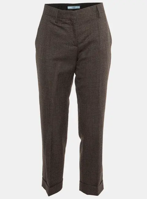 Prada Grey/Burgundy Checked Wool Cuffed Hem Trousers M