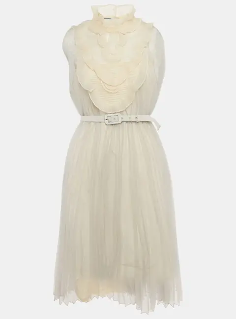 Prada Light Grey Plisse Organza Jabot Detail Dress M