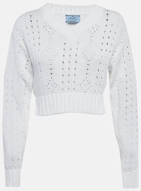Prada White Open Knit V-Neck Crop Sweater XS