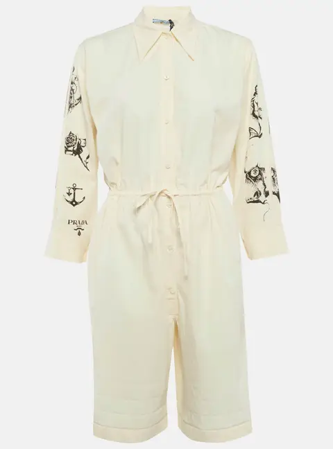 Prada Cream Printed Chambray Canvas Playsuit XS