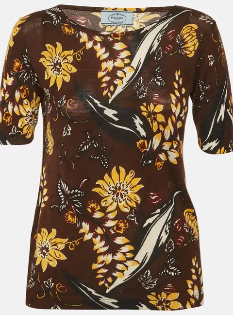 Prada Brown Floral Print Wool Knit Top S