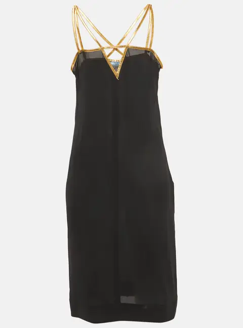 Prada Black Leather Trim Silk Mini Dress S