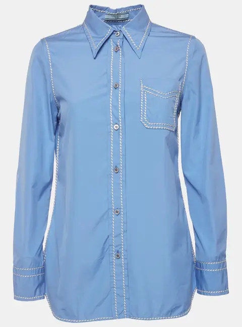 Prada Blue Cotton Contrast Embroidered Long Sleeve Shirt M