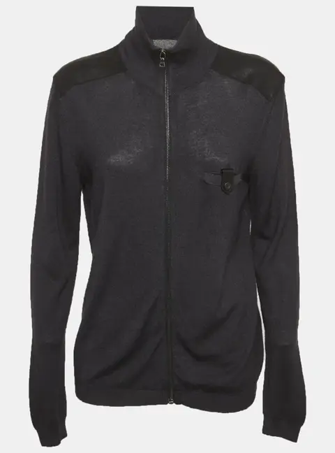 Prada Black Wool & Silk Knit Leather Trim Jacket L