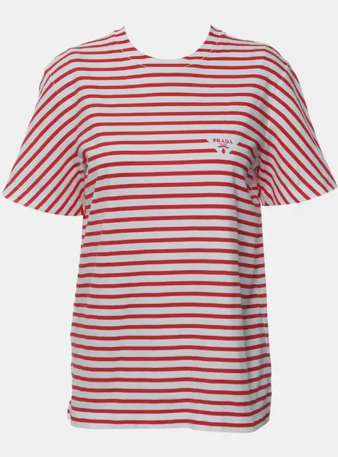 Prada Red, White Cotton Logo Striped T-Shirt M
