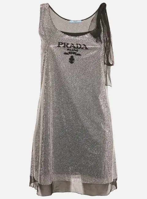 Prada Black Rhinestone Embellished Tie-Up Sleeve Mini Dress XS