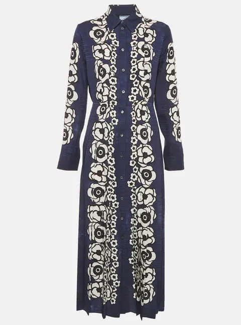 Prada Navy Blue Floral Print Satin Silk Pleated Long Dress M