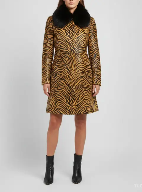 Prada Brown Tiger Print Fur Collar Mid Length Coat M