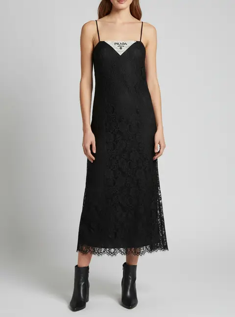 Prada Black Logo Print Floral Lace Slip Midi Dress S