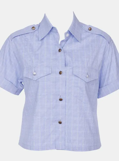 Prada Blue Cotton Checked Collared Cropped Top Size XS