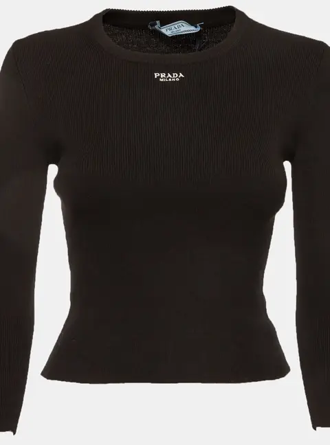 Prada Black Logo Embroidered Rib Knit Crew Neck Top S