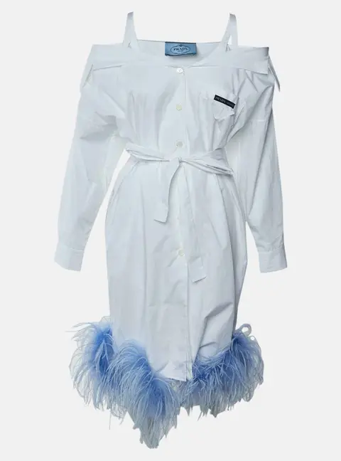 Prada White Feather Trimmed Cold Shoulder Shirt Dress S