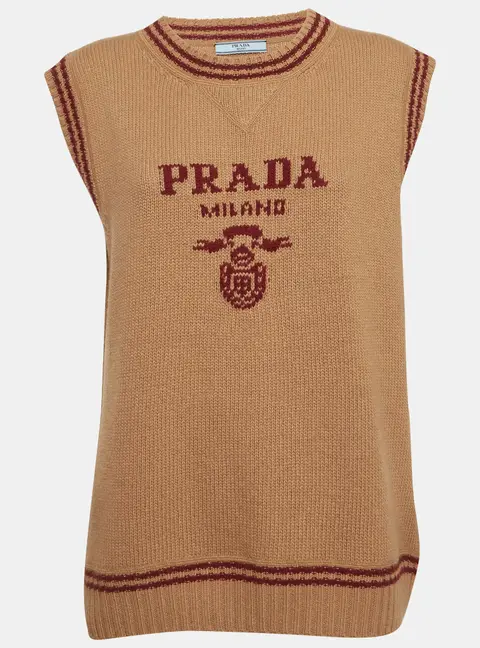 Prada Beige Logo Intarsia Rib Knit Sweater Vest M